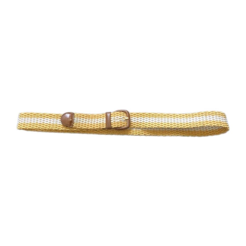 Maus & Hoffman Yellow White Woven Stretch Belt Leather Buckle Size 35 | 90